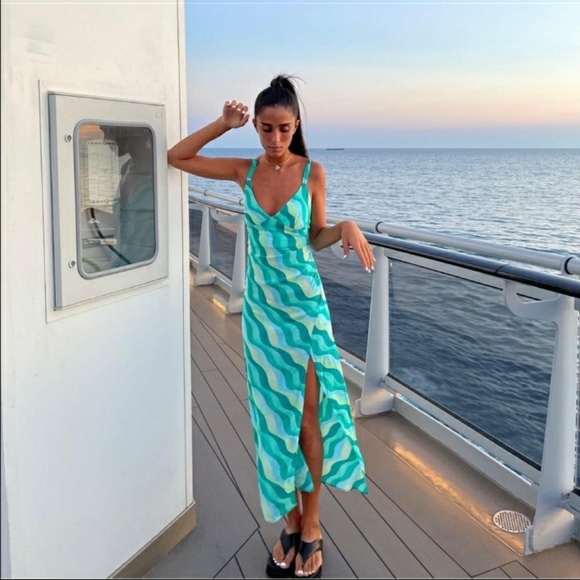 Zara Dresses & Skirts - ZARA "Art" Maxi Dress, V-neck, Open Back w/ Stretch Band, Zipper, Front Slit